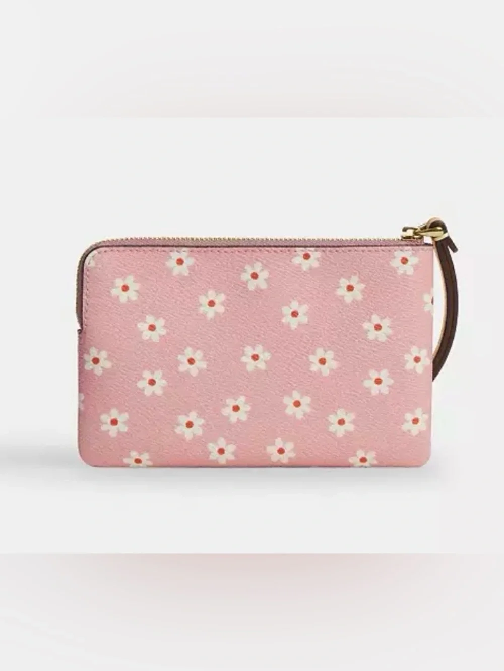 Coach Pink with White Floral Daisy Print Corner Zip Wristlet